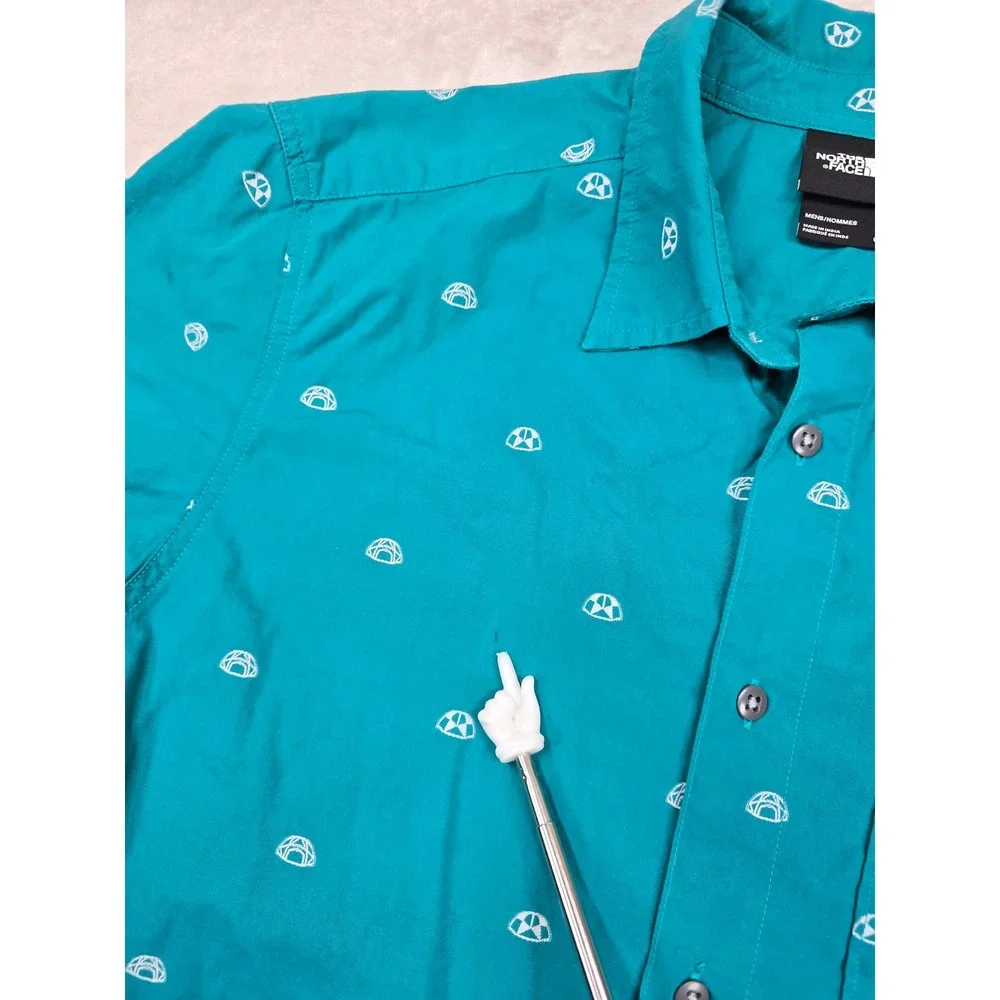 The North Face Igloo Print Shirt Mens Large Teal Cotton Short Sleeve Button Down